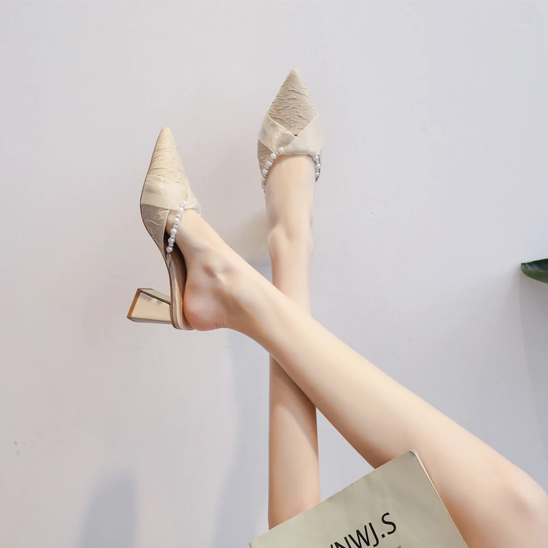 包头半拖鞋女夏外穿2025年夏季气质珍珠链女鞋法式温柔高跟凉拖鞋