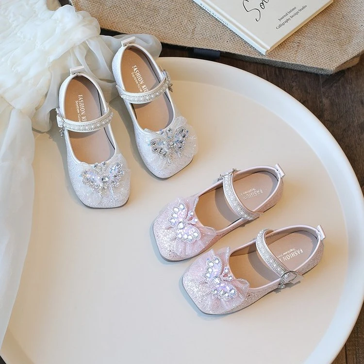 女童公主鞋2025春秋儿童软底水晶闪钻单鞋女宝蝴蝶结表演皮鞋251