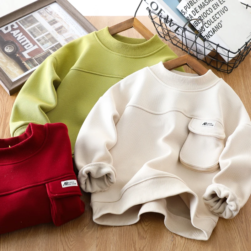 男女童加绒卫衣秋冬2024新款儿童一体绒口袋半高领上衣中大童洋气