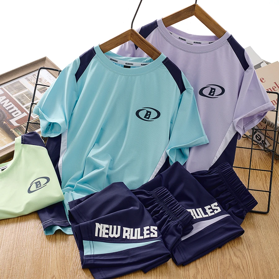 儿童夏装撞色速干衣套装男童短袖短裤两件套冰丝透气中大童运动衣