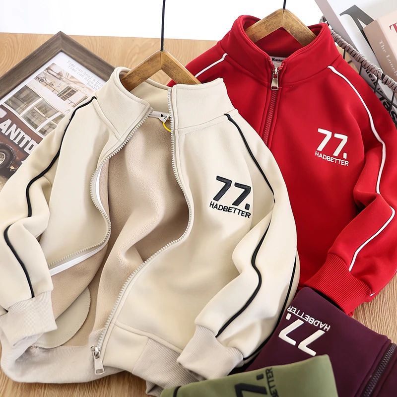 男童加绒立领外套秋冬2024新款儿童一体绒棒球服中大童百搭款上衣