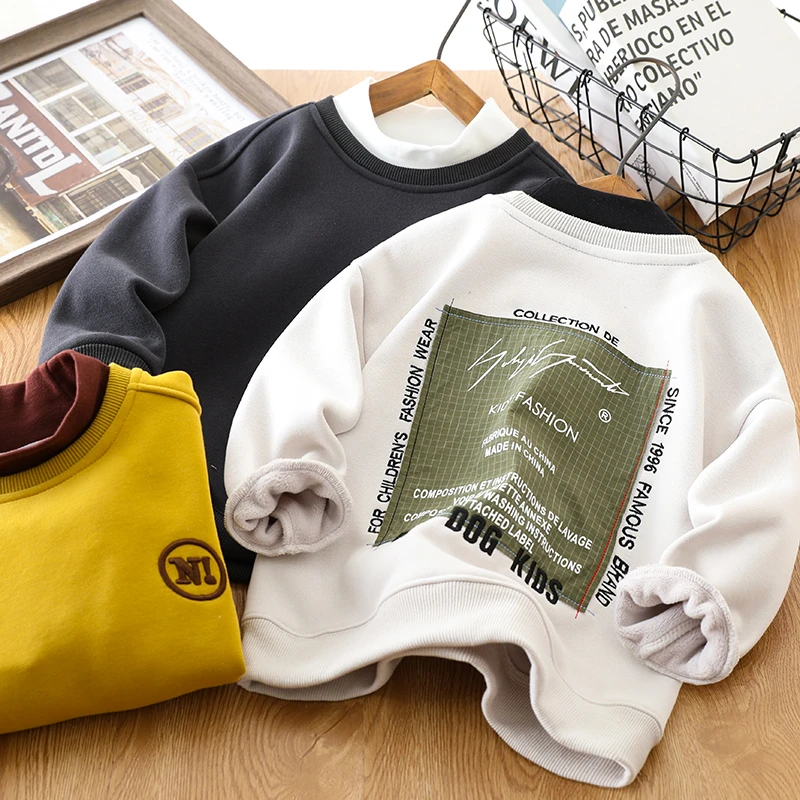 男童加绒假两件卫衣冬季2025新款儿童一体绒半高领打底中大童洋气