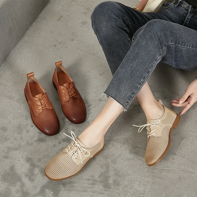 头层牛皮单鞋女平跟软底洞洞鞋舒适懒人鞋女鞋23XCXA23-59