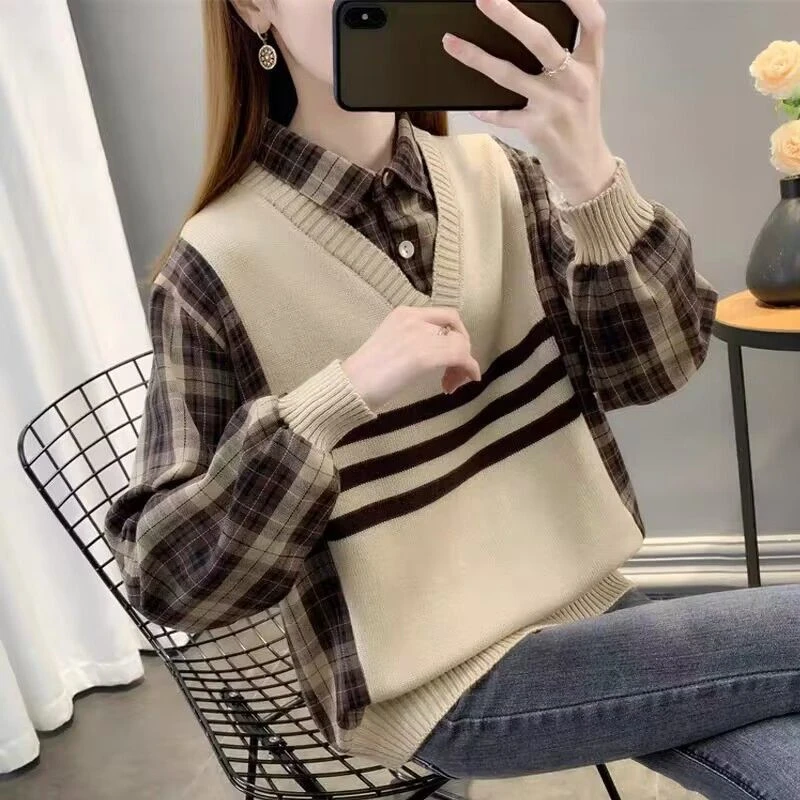 早秋假两件毛衣女新款外穿条纹衬衫领时尚洋气薄款内搭针织衫上衣