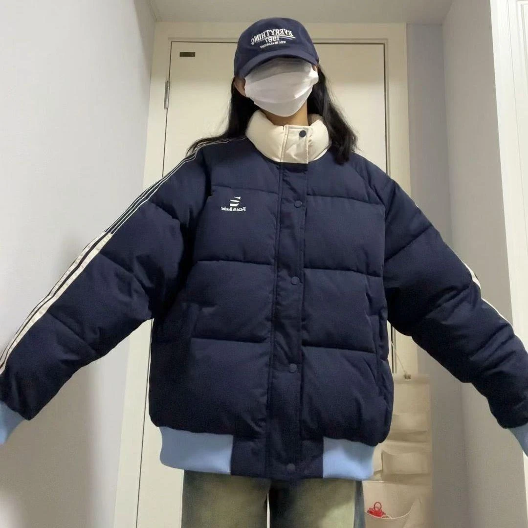 学院风设计感三条杠拼接棉服女冬季新款ins棒球服棉衣外套面包服