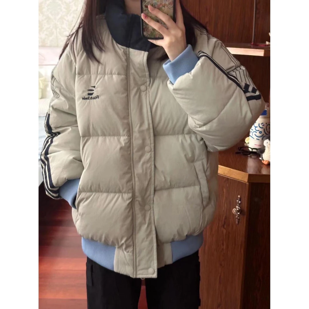 灰色立领条纹三杠棉服女冬季新款ins字母刺绣加厚宽松学生面包服