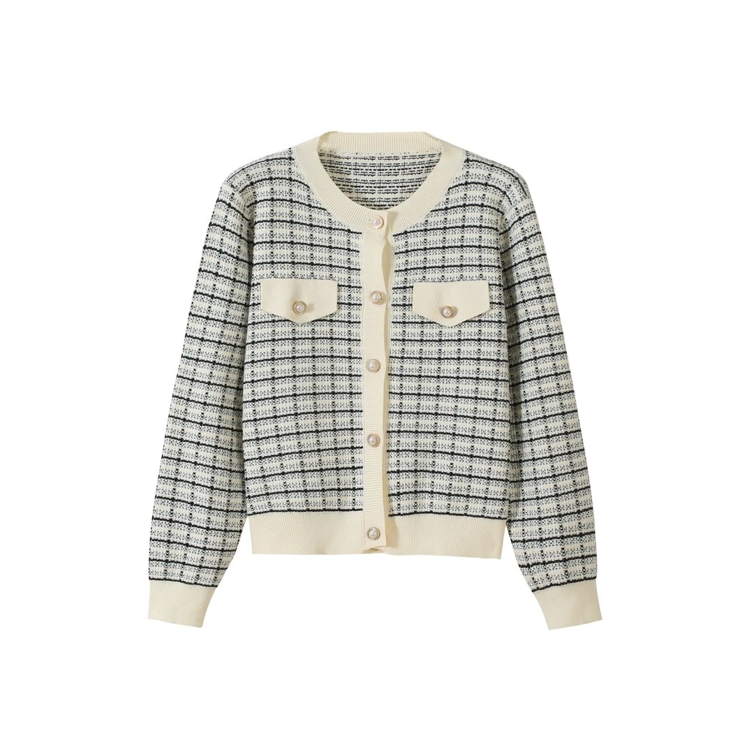 小香风毛衣小外套开衫女士春季2025年新款短款格子外穿上衣针织衫