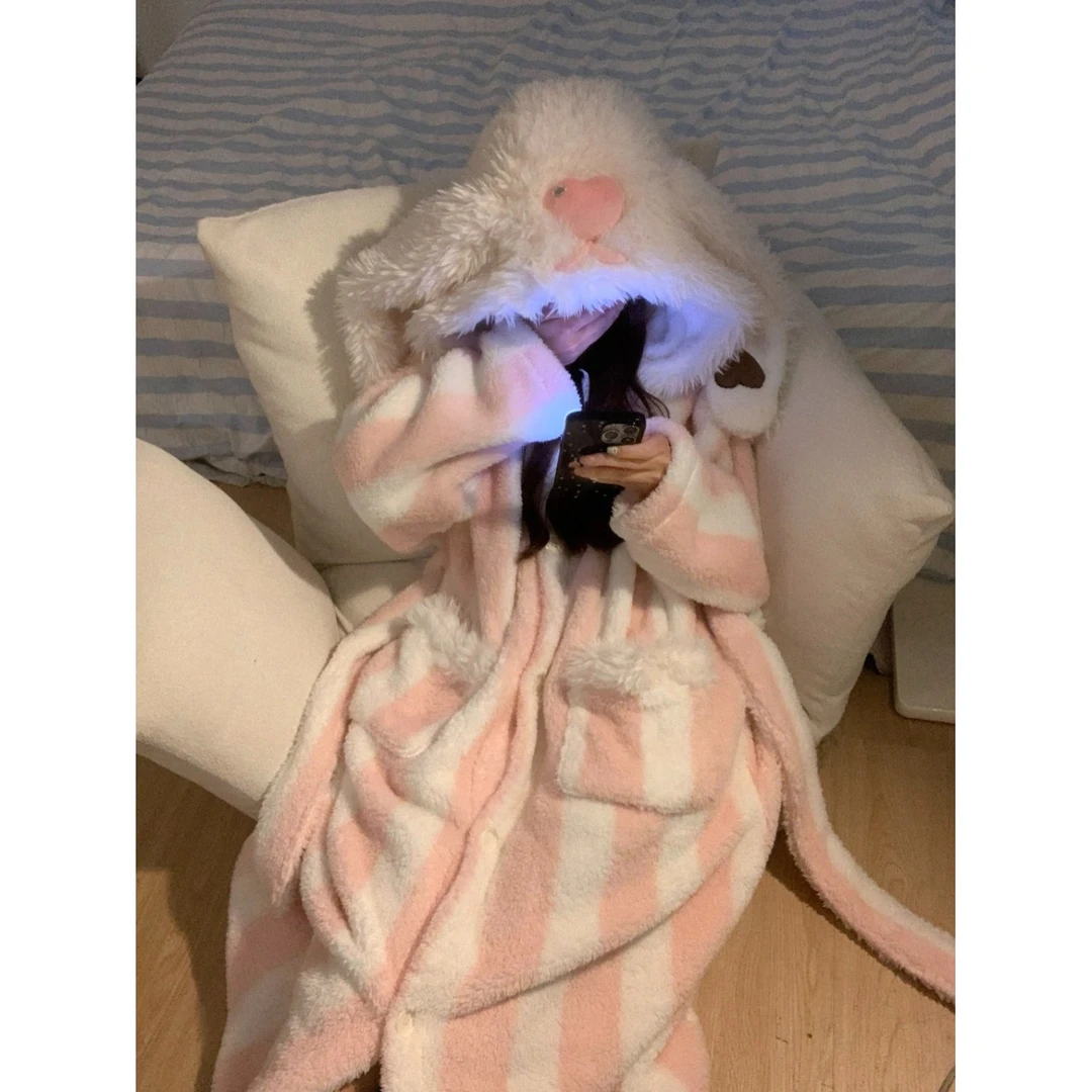 【条纹长耳兔】网红可爱连帽睡袍睡衣女冬季珊瑚绒睡裙加厚家居服女