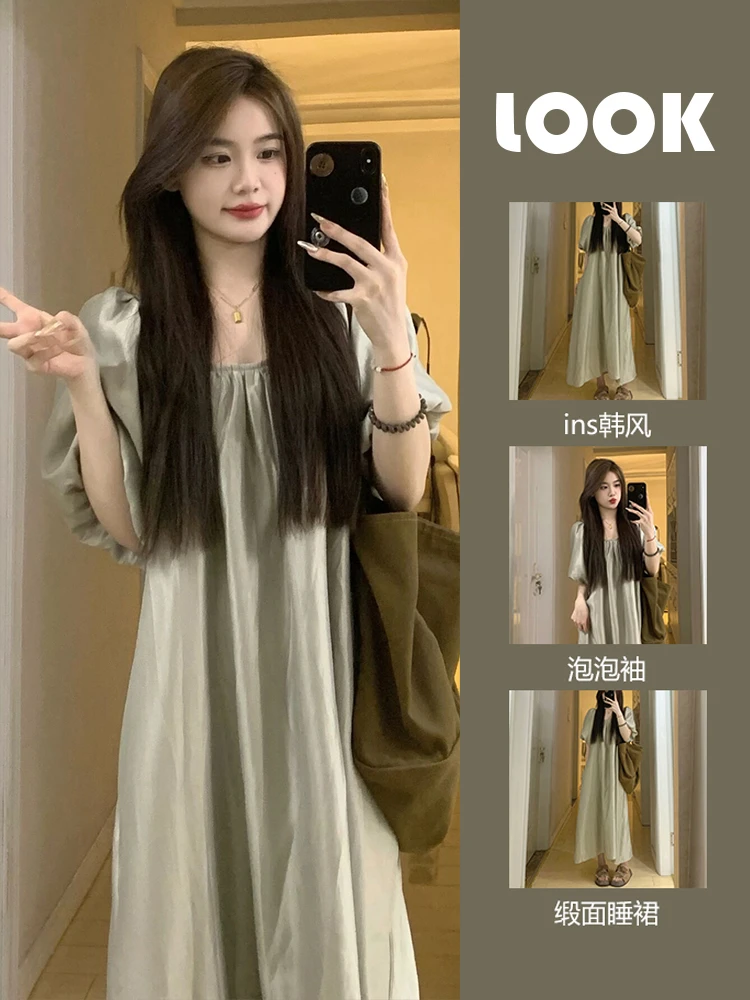 少女甜美泡泡袖睡衣夏季女款新款高级冰丝睡裙家居服光泽感连衣裙
