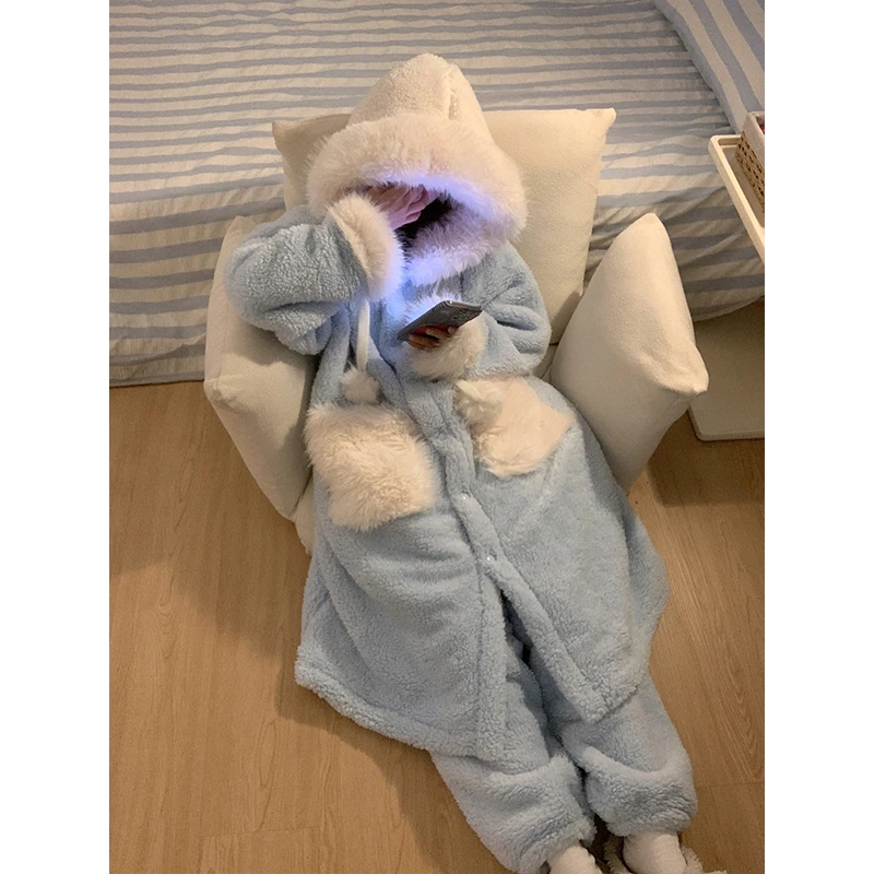 【毛绒口袋】简约风大口袋蓝色珊瑚绒睡衣女秋冬新款加厚家居服套装
