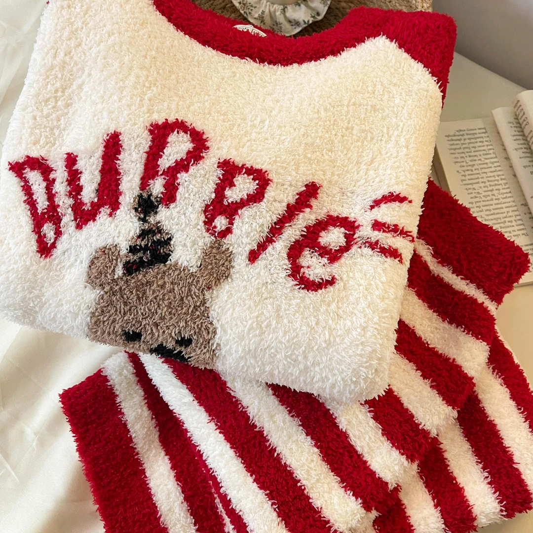 【字母小熊】 网红卡通针织半边绒睡衣女款冬季新款家居服套装