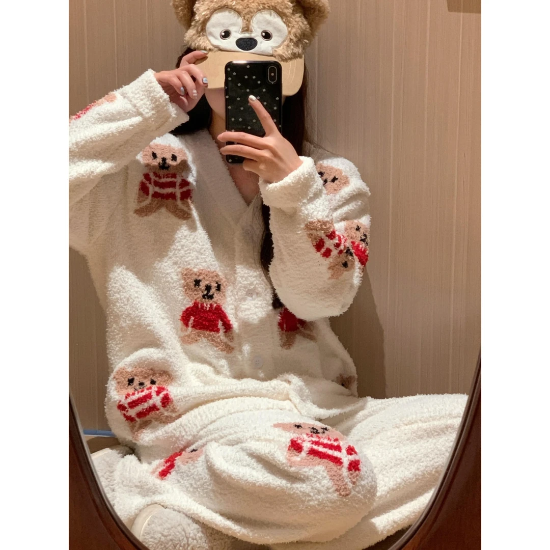 【奶白毛巾熊】ins甜美少女心半边绒睡衣女套装冬款保暖家居服