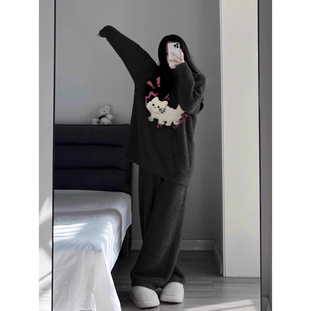 大码加厚半边绒睡衣冬季女款2024新款秋冬外穿家居服冬天猫咪套装