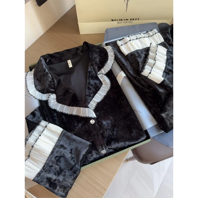 【轻奢金丝绒】高级感睡衣女款2024秋冬家居服法式撞色拼接两件套