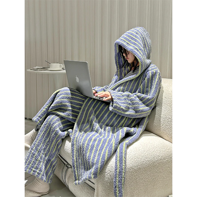 【睡袍长裤】ins韩版高级感法兰绒睡衣女冬季2024保暖家居服套装