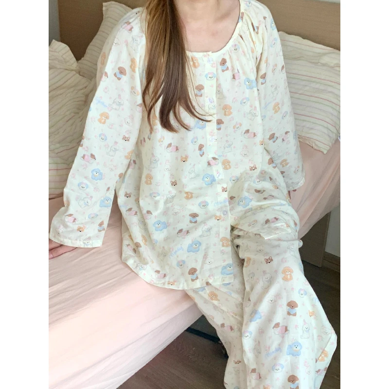 少女可爱卡通小狗印花长袖睡衣女春秋款新款开衫长裤家居服套装夏
