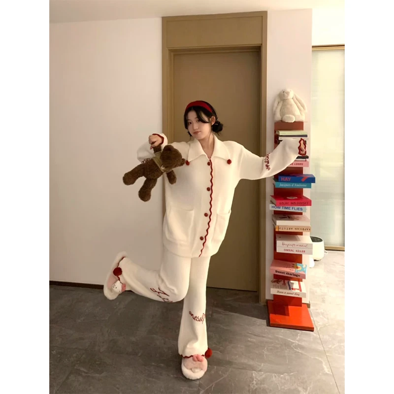 甜美撞色针织半边绒睡衣女冬季2025新款加厚保暖家居服套装可外穿