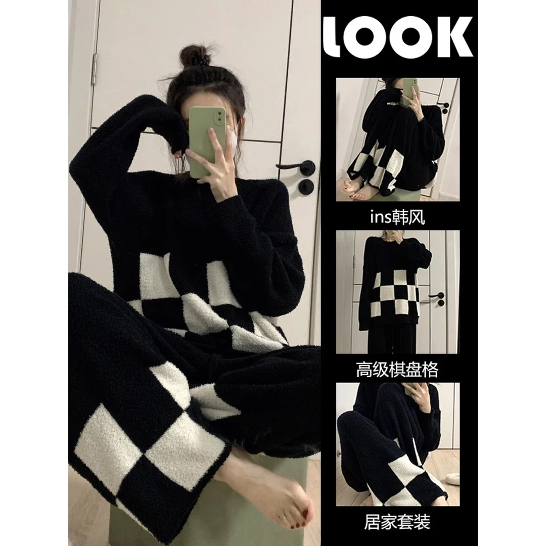韩国居家绒网红珊瑚绒睡衣女加绒秋冬冬季新款毛绒针织套头女睡衣