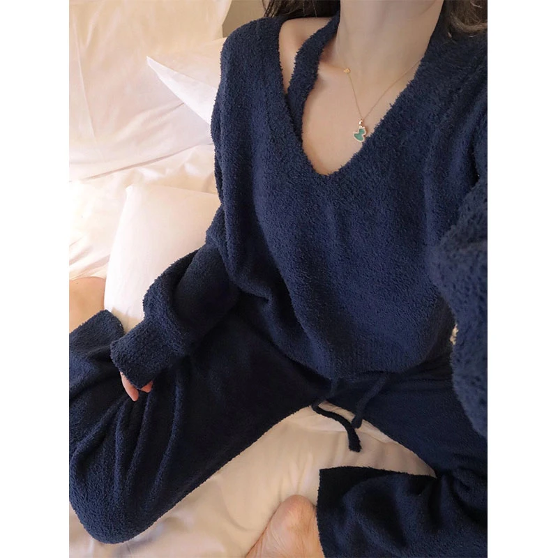 【三件套】简约风韩版纯色半边绒睡衣女秋冬季新款加厚家居服套装