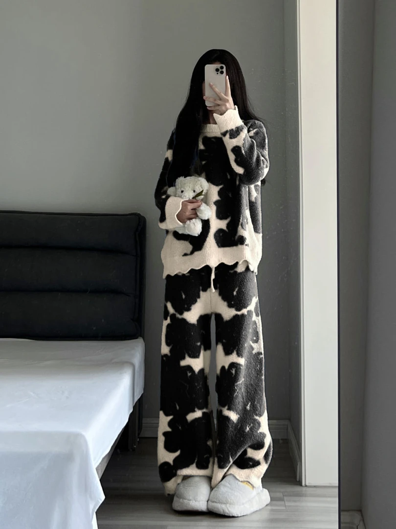 韩版青年感加绒加厚长袖睡衣女秋冬季新款撞色针织家居服套装冬款