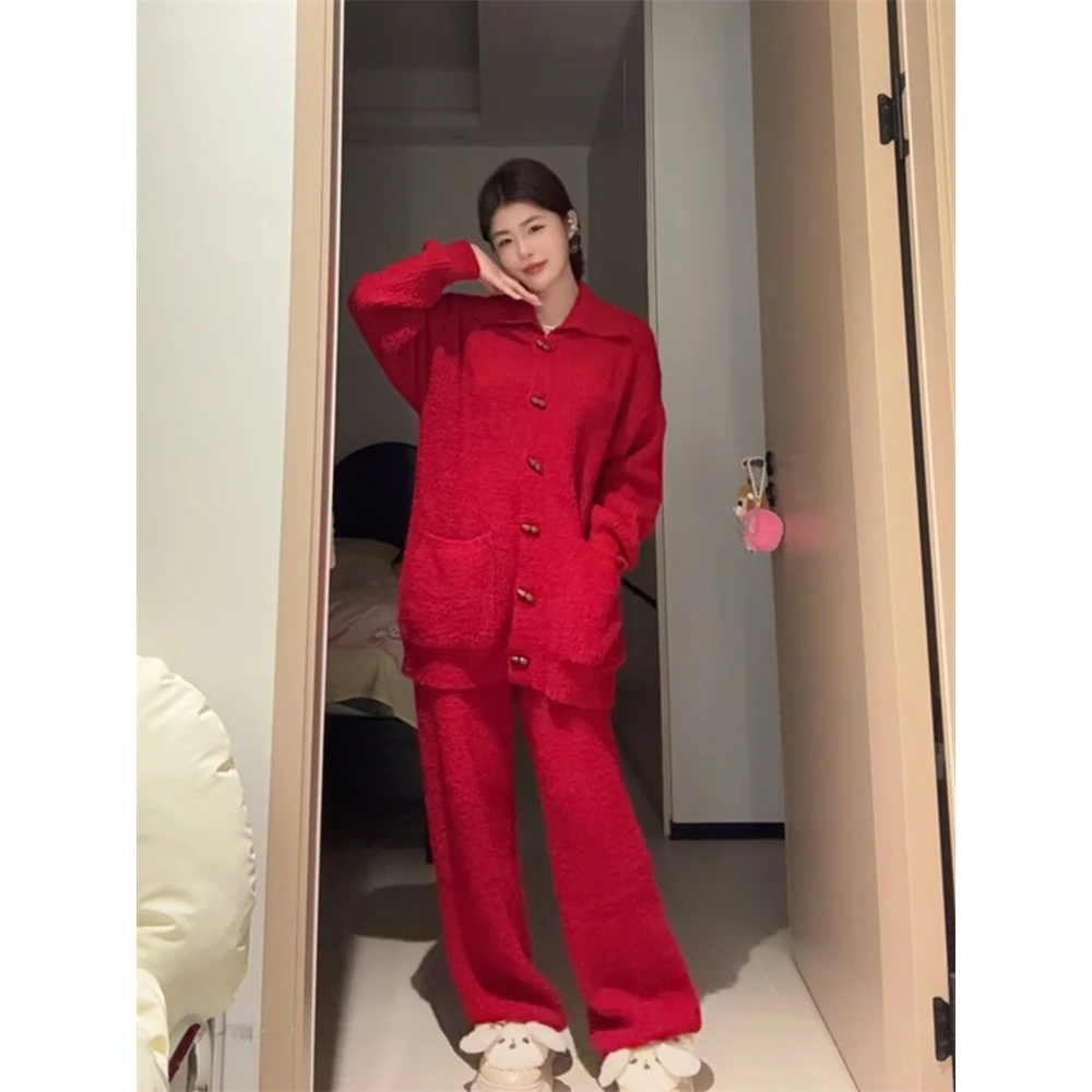 氛围感口袋本命年圣诞红色半边绒睡衣女冬季新款套装显白家居服