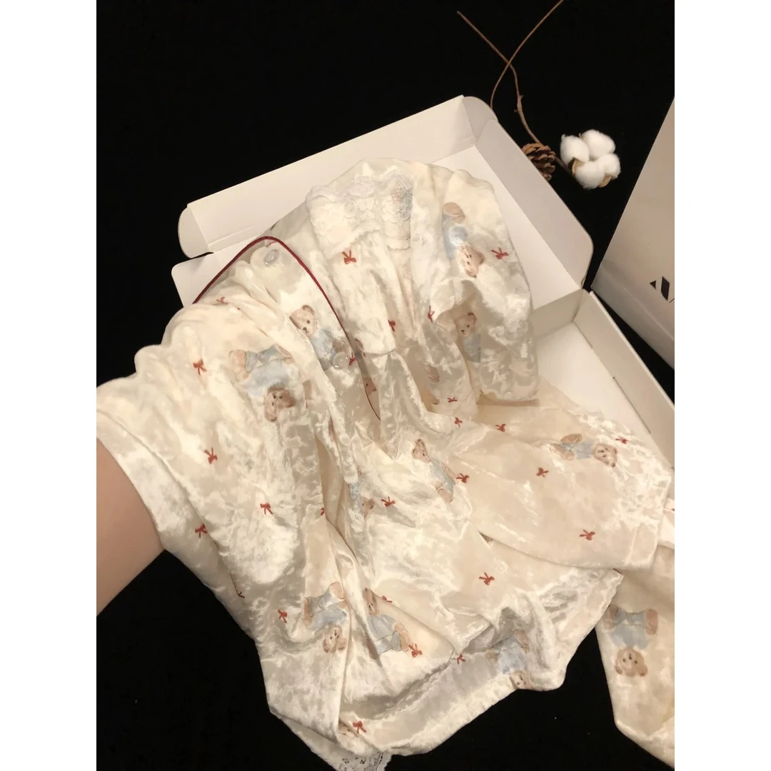 【金丝绒小熊】可爱小熊蕾丝拼接睡衣女套装春秋季长袖长裤家居服