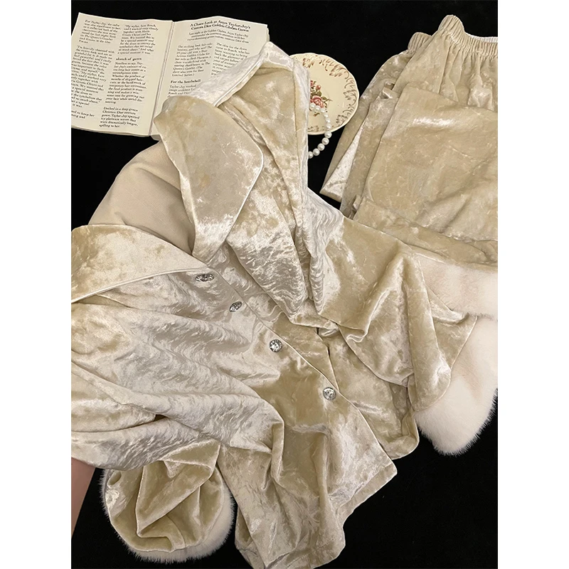 轻奢气质金丝绒毛领拼接睡衣女秋冬季新款网红家居服大码两件套装