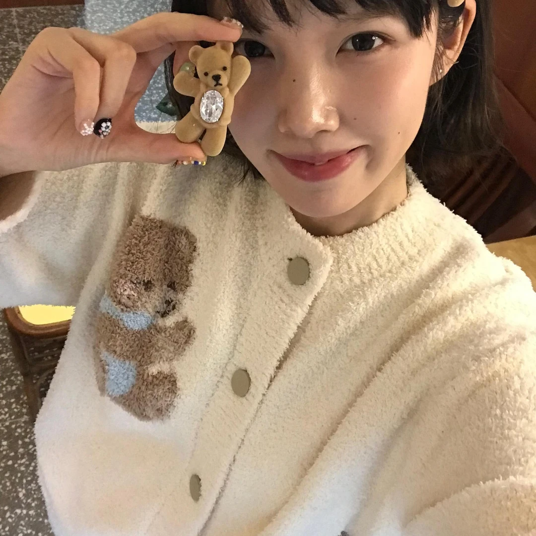 可爱小熊毛绒针织半边绒睡衣女冬季2024年新款加绒加厚家居服套装