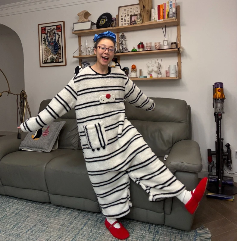 韩版少女卡通酷猫针织半边绒睡衣女秋冬季新款可外出家居服连体衣