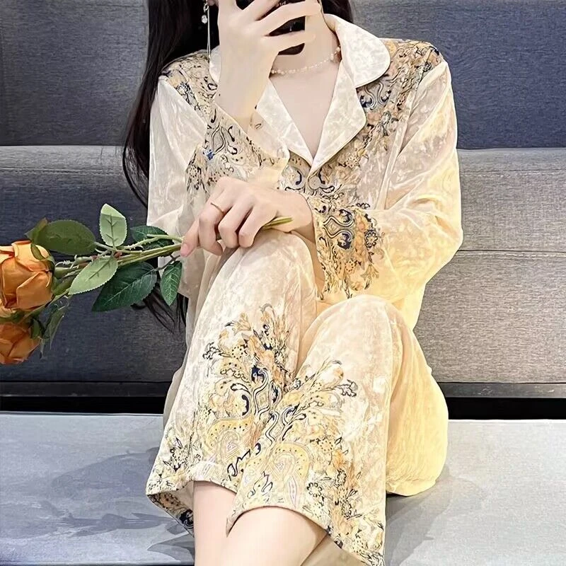 金丝绒睡衣春秋女士新款轻奢复古长袖高档奢华家居服印花可外套装