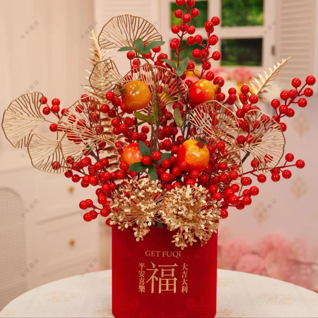 新中式仿真红浆果石榴插花红果福桶喜庆年宵花家居摆件乔迁摆设