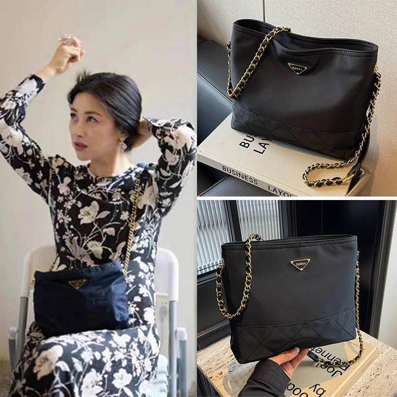 朱珠同款包包女2024大容量菱格降落伞包单肩斜挎黑金色尼龙链条包