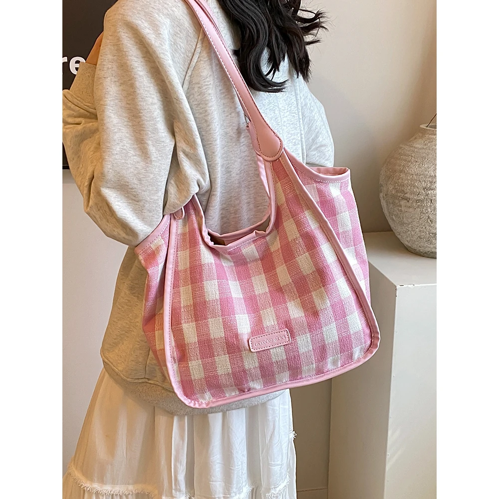 帆布包包女大容量2024新款夏季百搭单肩包休闲格子上课通勤托特包