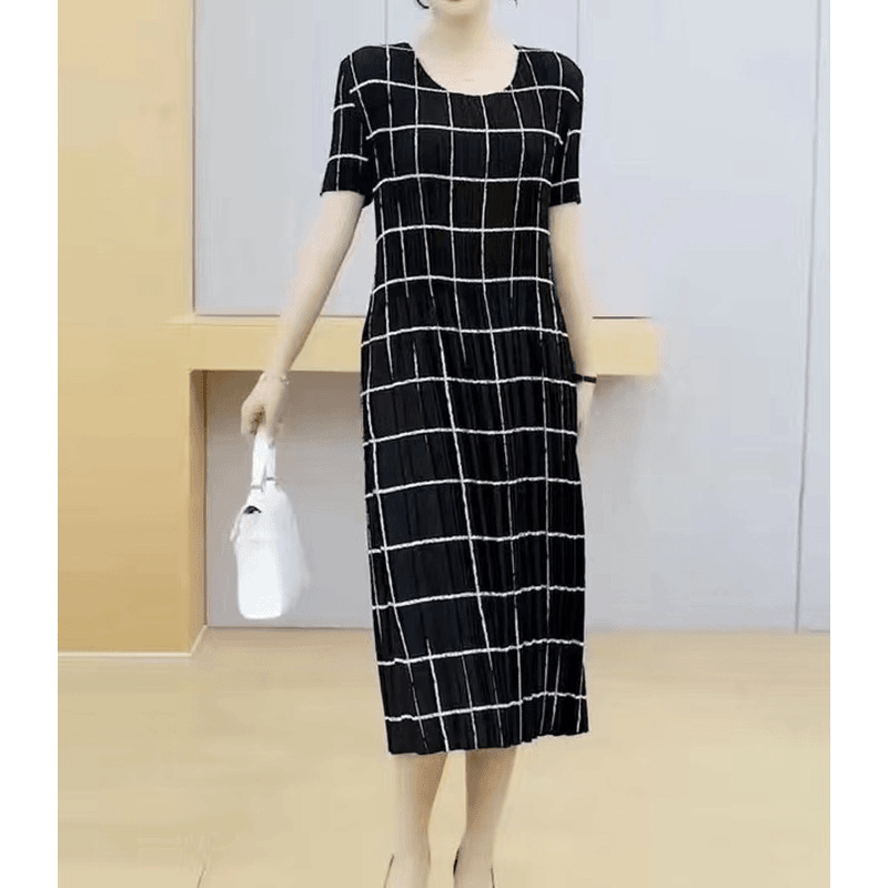 438三宅夏季连衣裙褶皱时尚减龄遮肉修身休闲女显瘦印花收腰气质