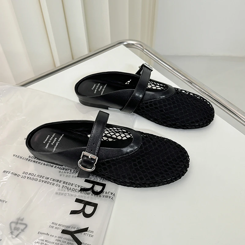黑色渔网鞋夏季软底时尚玛丽珍透气镂空凉拖鞋女圆头一字扣平底鞋