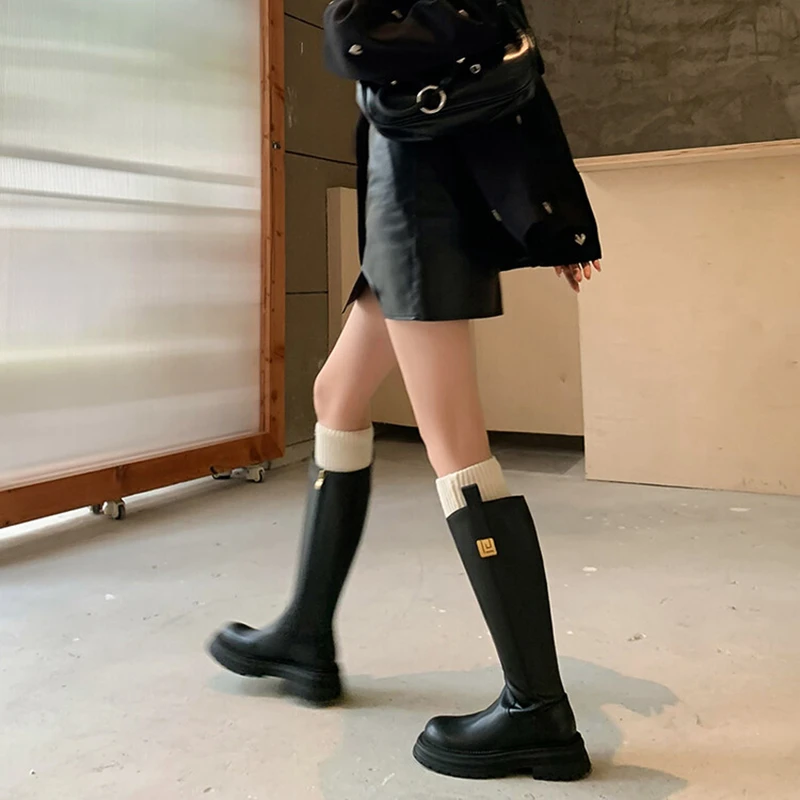 真皮法式圆头厚底骑士靴小个子不过膝斜切口膝下靴微胖高筒长靴女