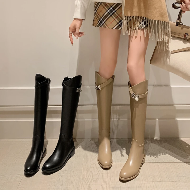 金属扣骑士靴圆头不过膝长靴女2024秋冬新款英伦风斜口粗跟高筒靴
