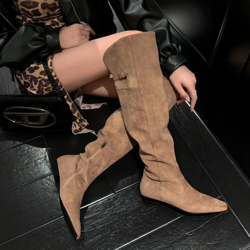 大筒围长筒骑士靴女2024秋冬新款美拉德方头粗跟高筒靴褶皱堆堆靴