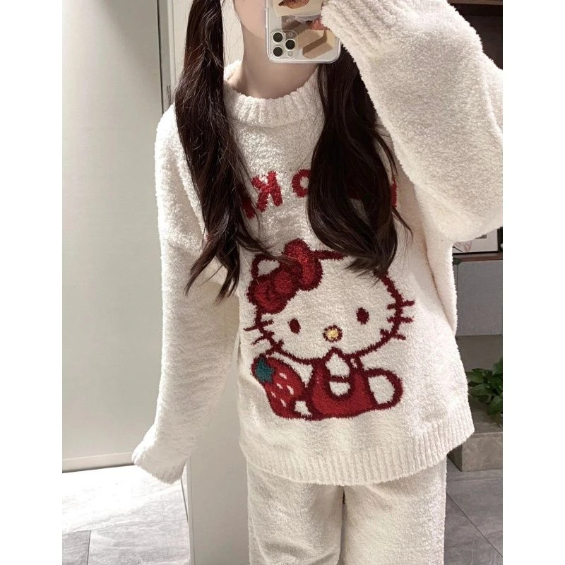 秋冬季可爱猫咪半边绒睡衣女套装卡通KT猫加绒加厚保暖家居服