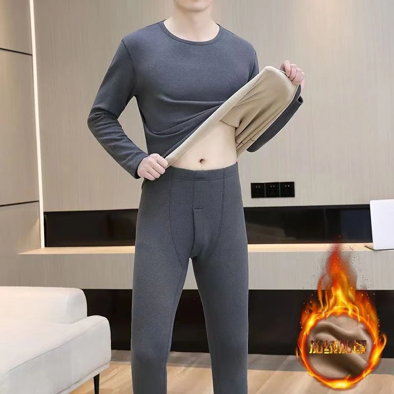 2023年圆领套装男士加绒加厚内衣羊羔绒聚热套装冬季打底秋冬