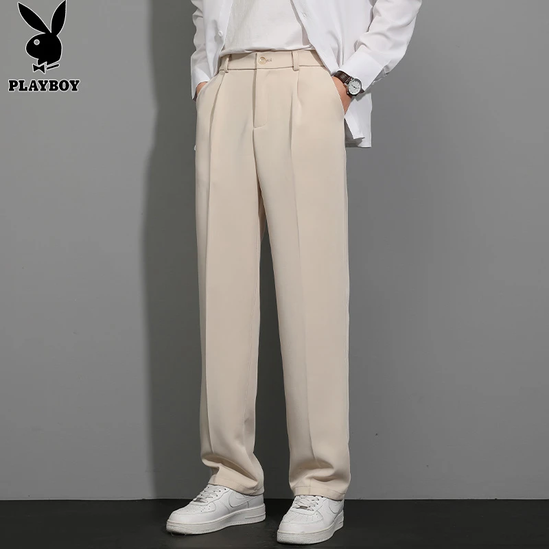 PLAYBOY春秋卡其色男士休闲裤垂感宽松直筒西裤商务正装裤子男款