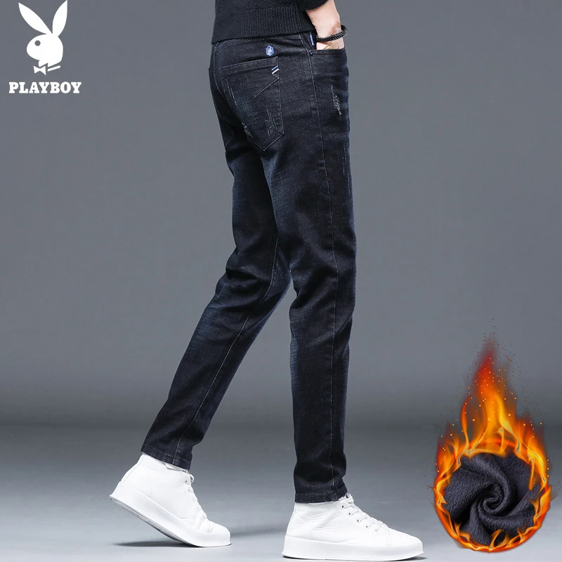 PLAYBOY春秋季牛仔裤加绒男士直筒小脚裤修身百搭潮牌男牛仔裤子