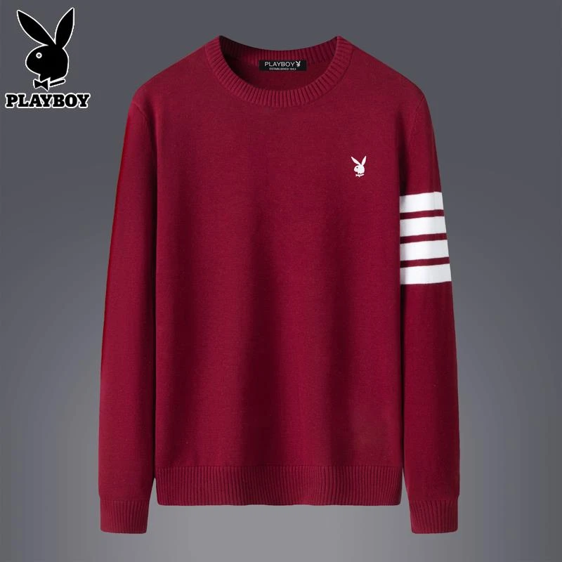 PLAYBOY秋季男士圆领毛衣2023新款红色本命年打底针织衫上看球男