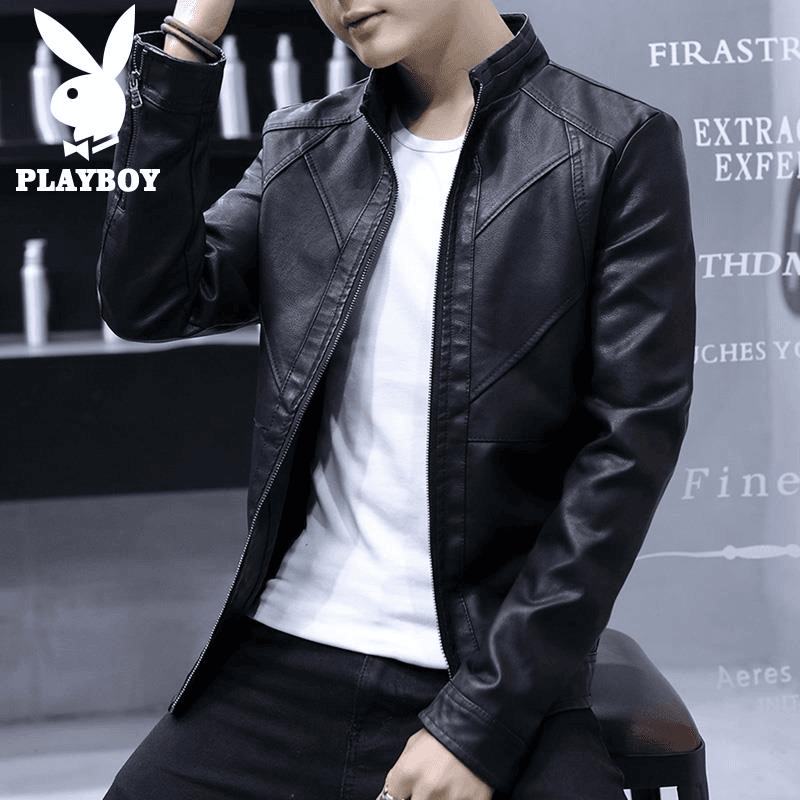 PLAYBOY黑色皮夹克男士外套2023年秋季新款潮牌休闲PU机车皮衣男