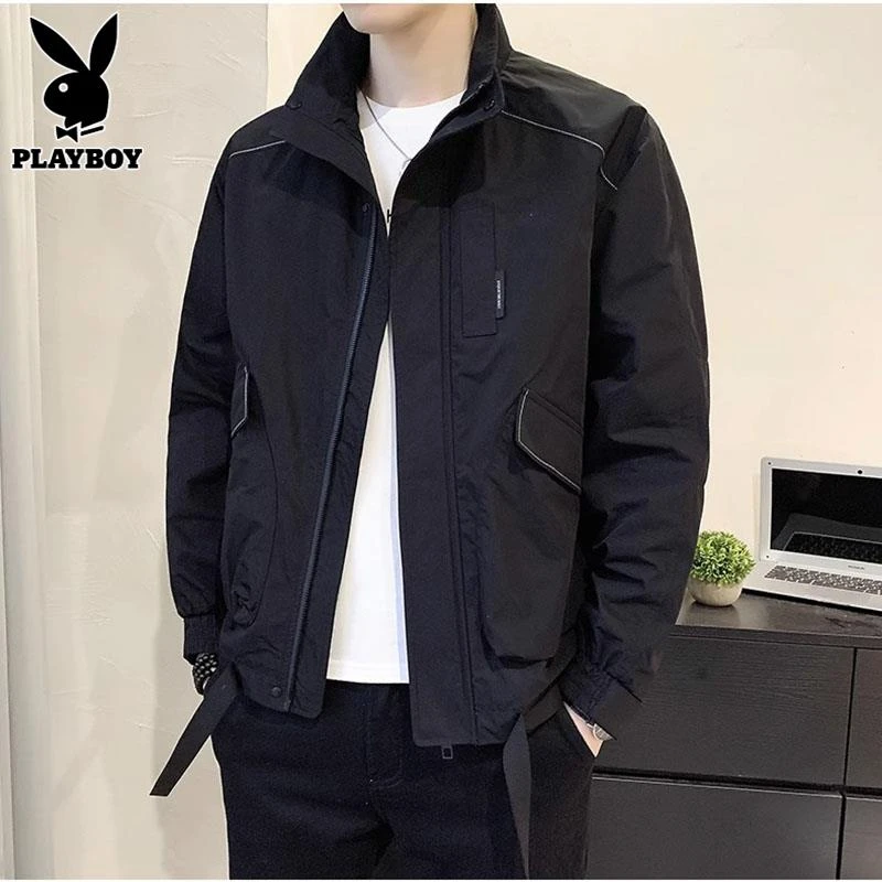 PLAYBOY工装外套男黑色夹克立领上衣服秋季新款潮牌宽松休闲男款