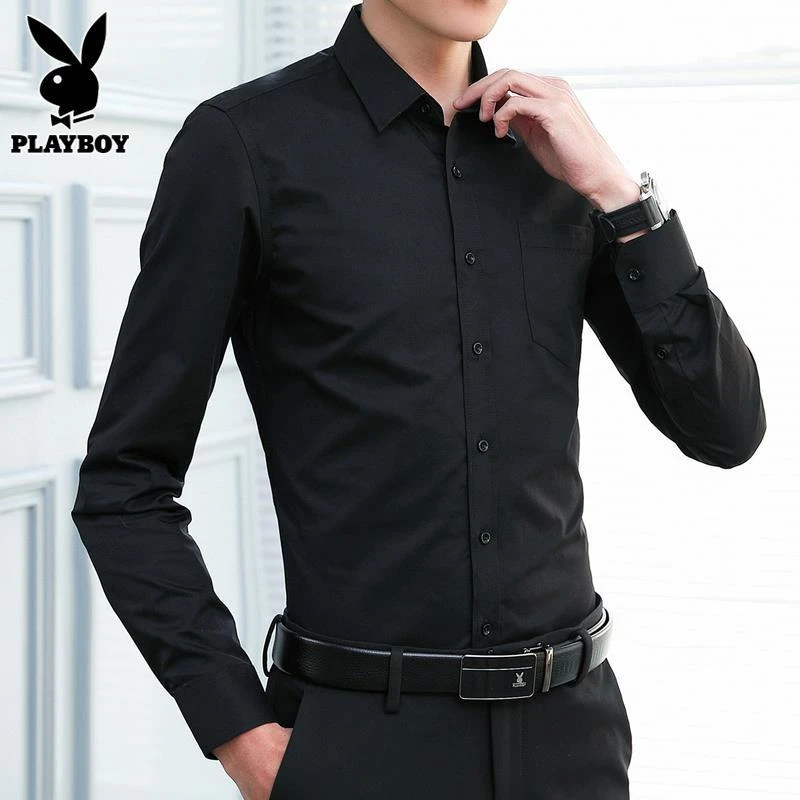 PLAYBOY黑色衬衫男士高级商务上衣服秋季新款潮牌休闲长袖衬衣男