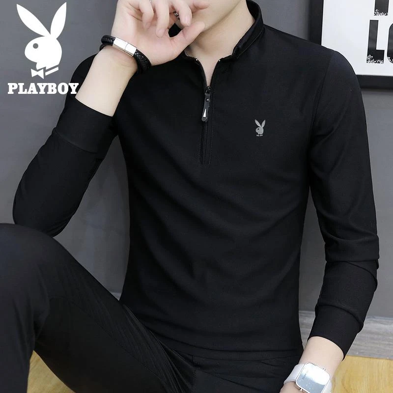 PLAYBOY春秋季长袖t恤男士潮流内搭打底衫2023新款黑色上衣服男装