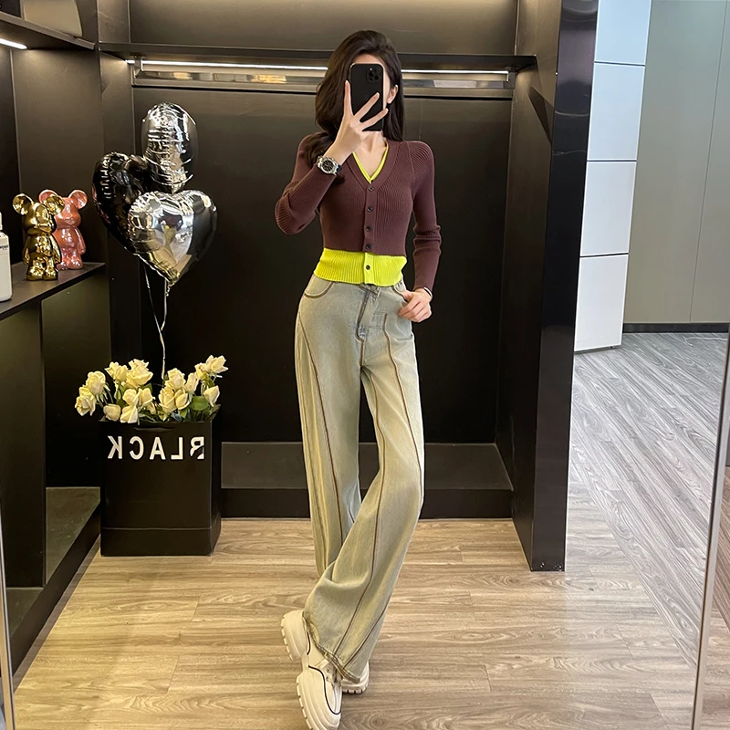 美拉德穿搭撞色假两件长袖V领针织衫女2025春秋新款修身内搭上衣