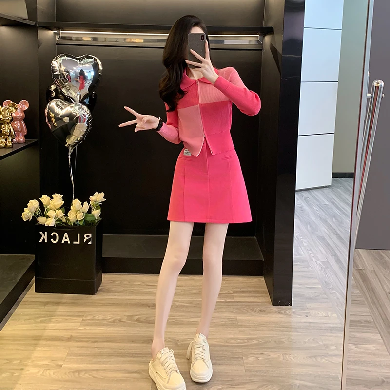 Polo领双拉链拼色针织开衫女2025春秋季新款设计感小众打底衫外套