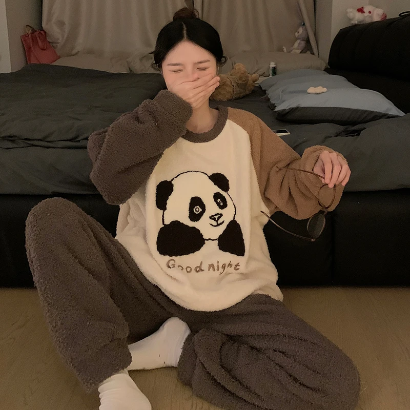 睡衣女韩版冬季加绒加厚保暖半边绒珊瑚绒行绒套装家居服女韩熊猫